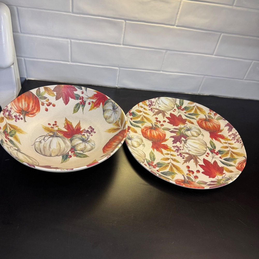 Bee & Willow Serving Bowl Tray Set Home Cream Orange Pumpkin Leaf Melamine